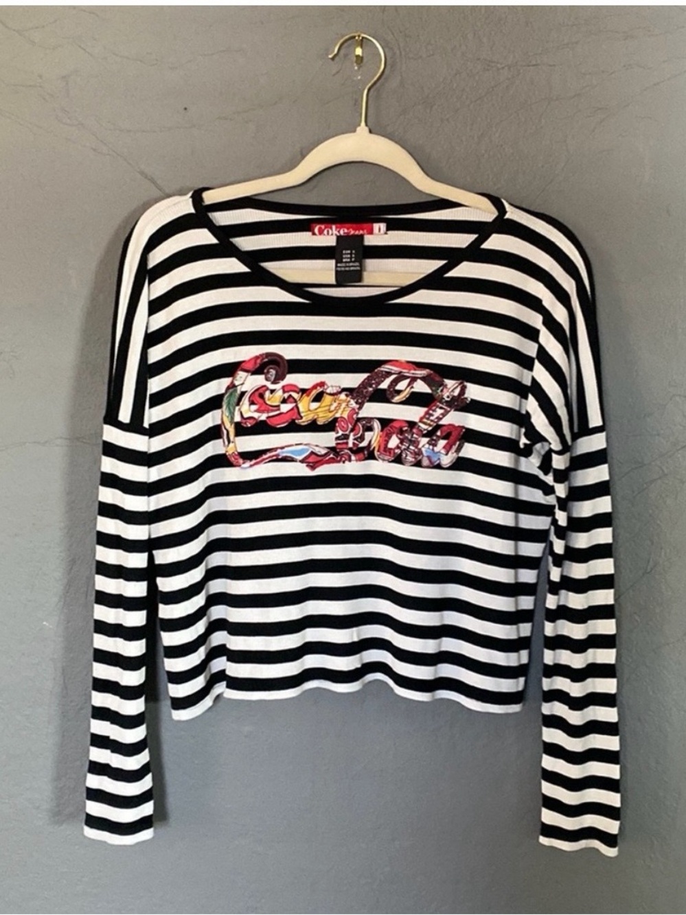 Vintage Coca Cola Black & White Striped Cropped Long Sleeve Ribbed Shirt Top